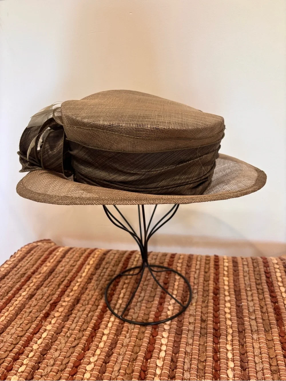 Hats by Katie Couture Sinamay Kentucky Derby Wedding Hat Taupe Brown Feather - Picture 6 of 8